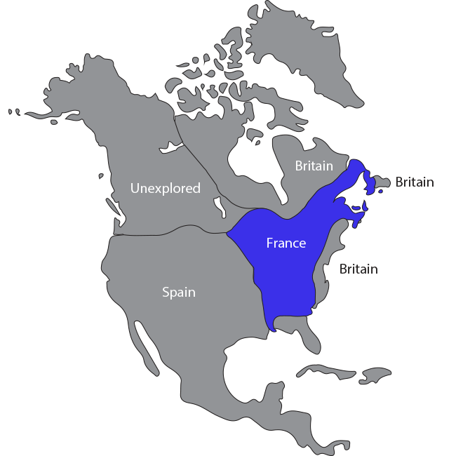 North America with French territories colored blue.
