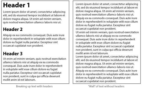 website copy broken up with headers, and an example that's not