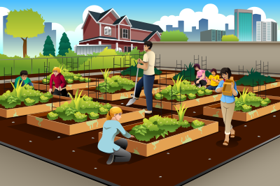 A vector illustration of people in community doing gardening together.