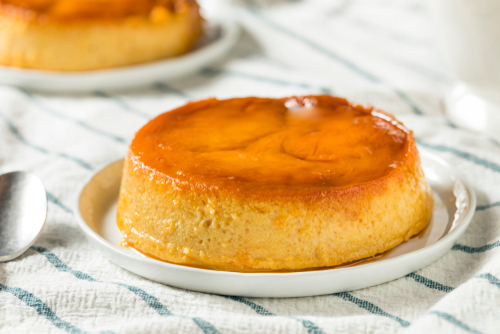 Sweet Homemade Spanish Flan Dessert with Caramel Sauce.