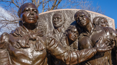 A close-up of a statue honoring Harriet Tubman in Boston