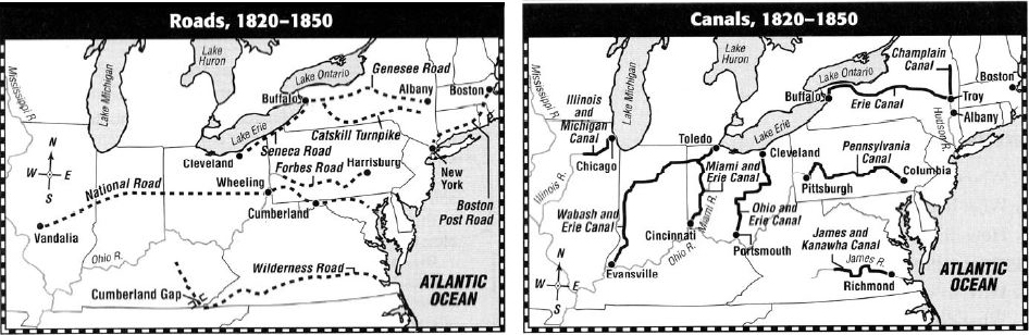 Two maps comparing roads and canals, 1820 - 1850