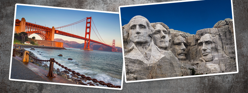 Grunge styled metal with images of the Golden Gate Bridge and Mount Rushmore angled on top.