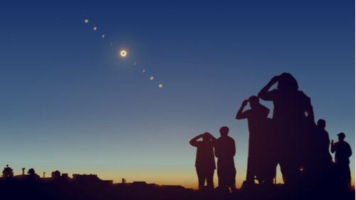 People are watching a solar eclipse in the sky with stars. Realistic vector illustration.