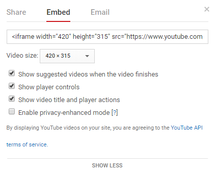 embed menu for YouTube