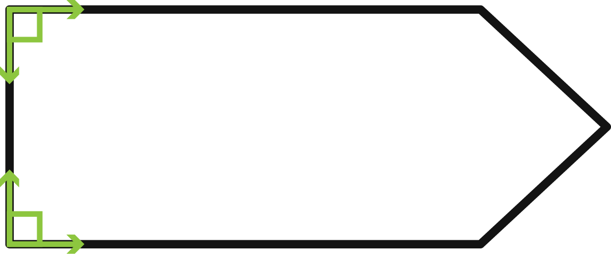 A shape that has a box as the left side and a an acute angle on the right side. There are two right angles traced on the left side.