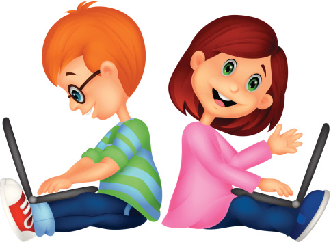 Boy and girl using their laptops.