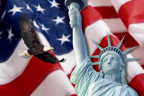 American Flag, flying bald Eagle,statue of liberty and Constitution montage