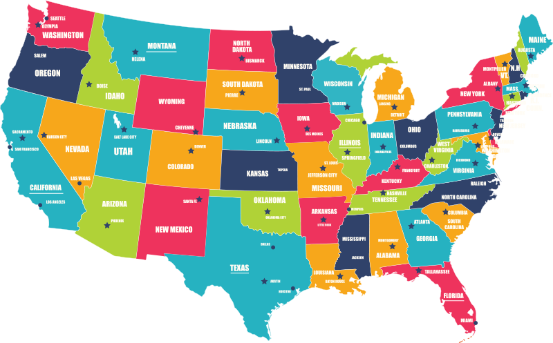 Map of the United States with capital cities