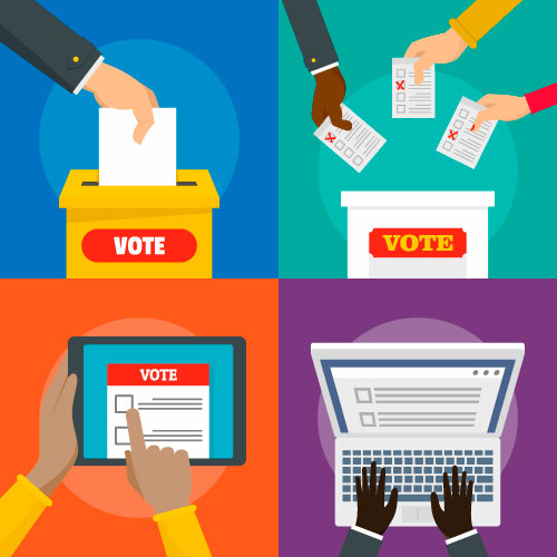 Concept of voting. Hands putting voting paper in the ballot box.