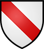 A white shield showing a diagonal red stripe