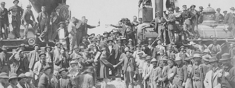 The ceremony of the driving of the "Last Spike" at Promontory Summit, UT, on May 10, 1869, joining the rails of the Central Pacific Railroad and the Union Pacific Railroad.