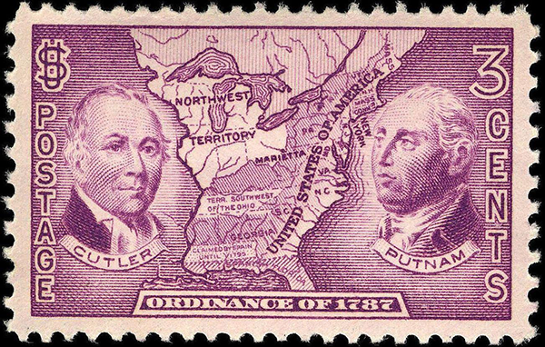 This U.S. postage stamp, featuring Manasseh Cutler and Rufus Putnam and a map of the Northwest territories, commemorated the 150th anniversary of the 1787 ordinance.