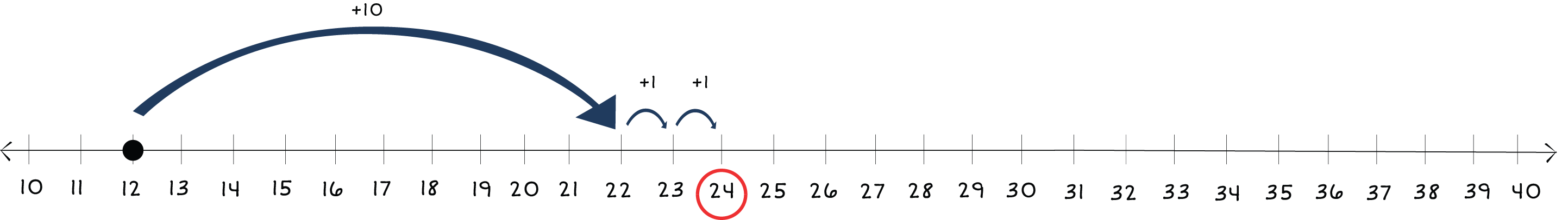 number line from 10 to 40 with a dot at 12 and arrows jumping to 24