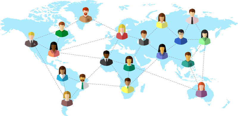 Diverse people and world map concept with dotted line as global connection symbol.
