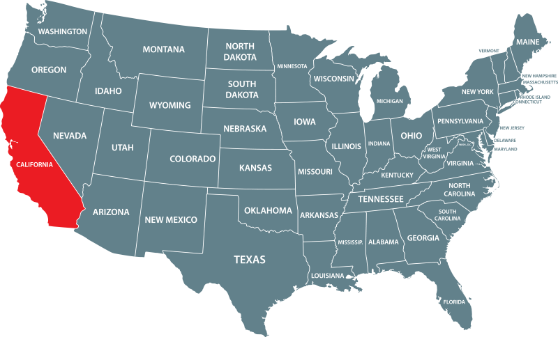 map of US with California highlighted red