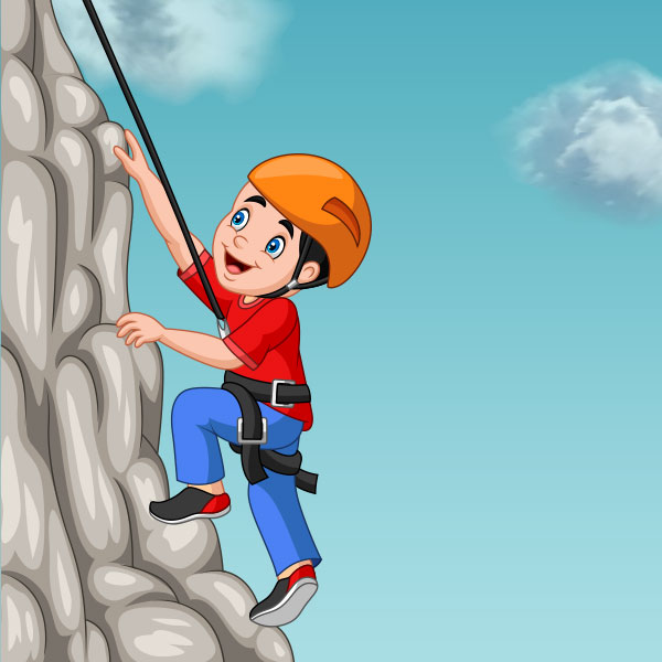 happy boy climbing rock