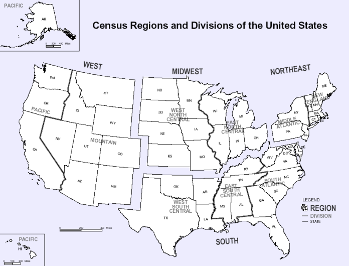 US Census geographical region map