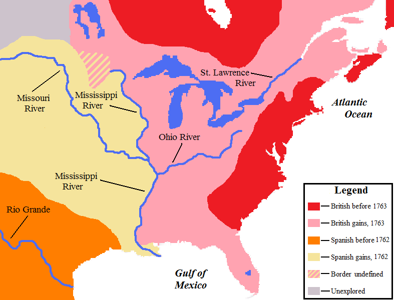 Map showing the North American territorial gains of Spain in 1762 and Britain in 1763.
