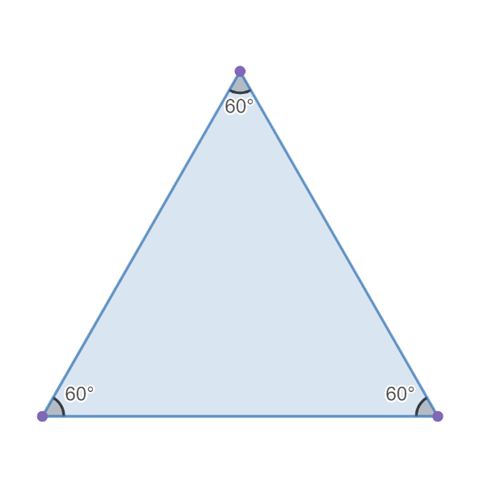 An equilateral triangle with all angles labeled 60 degrees.