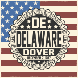 Decorative stamp with text United States of America, DE, Delaware, Dover, December 7, 1787 on USA flag.