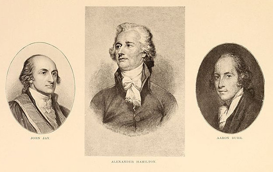 portraits of John Jay, Alexander Hamilton, and Aaron Burr
