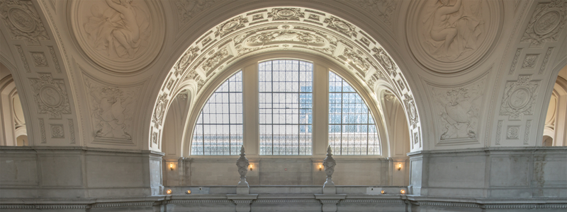 San Francisco, California, USA - June 1, 2017: San Francisco City Hall. The Rotunda walls with the Gallery Window as seen from the 4th floor facing north.