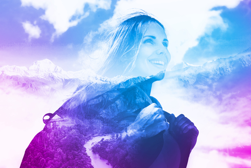 A blue and pink image of a smiling woman.