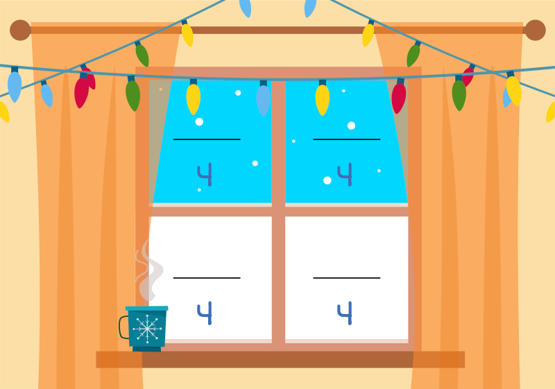 Snow falling outside of window. Window is split into fourths.