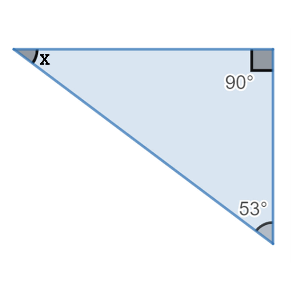 A right triangle with the right angle labelled 90 degrees, another angle labelled, 53 degrees and another angle labelled x.