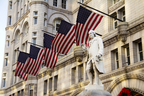 Old Post Office building with Benjamin Franklin Statue, Washington DC, United States