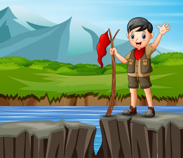 Scout boy stand on the edge of a cliff with a beautiful view of nature