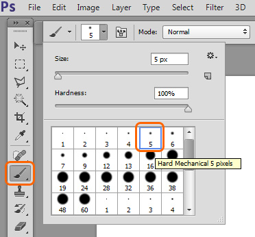 The paintbrush toolbar and the brush selector menu.