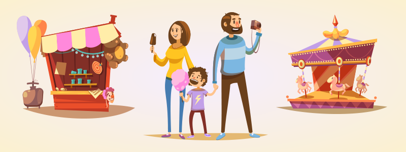 Amusement park cartoon set with retro style attractions isolated vector illustration.