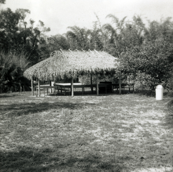 Seminole-built chickee on Koreshan Unity grounds in Estero, Florida.