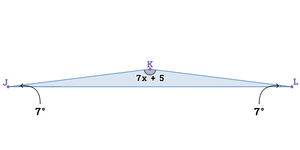 Isosceles triangle JKL with the non-base angle, K, labeled 166 degrees and the base angles, J and L, labeled 7 degrees.