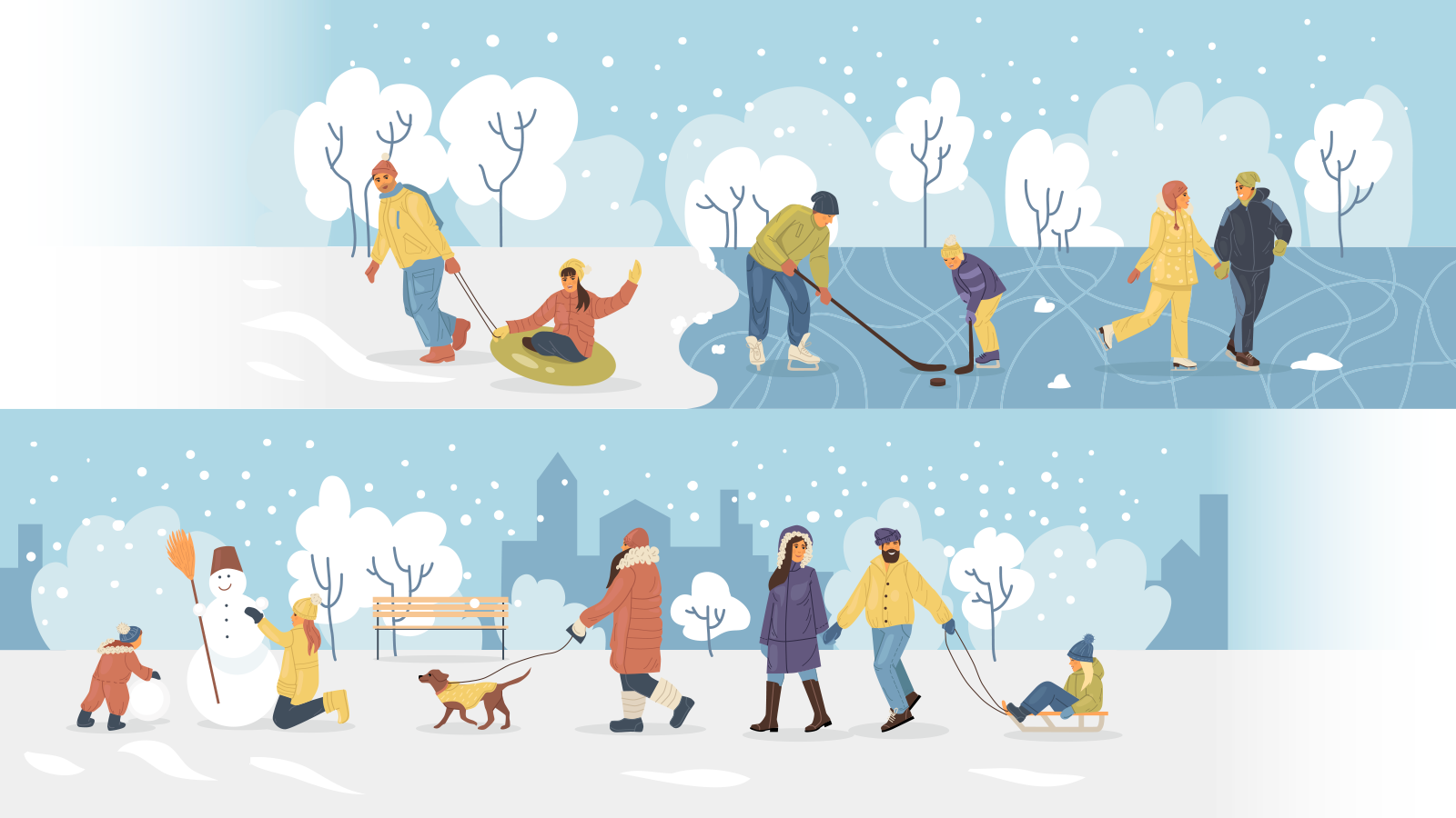 Group of people playing in the snow at the park.