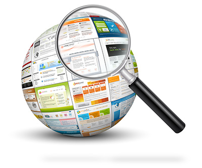 a globe of web pages with a magnifying glass over it