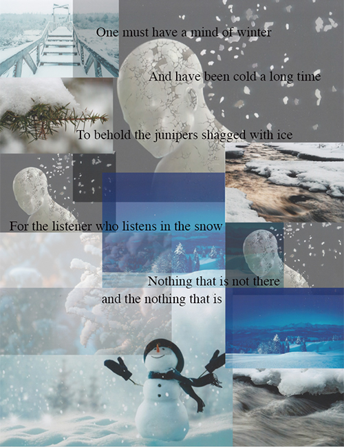 The Snow Man montage of images and graphics - showing snow and snow man images and white head. Use escape key to exit full screen view.