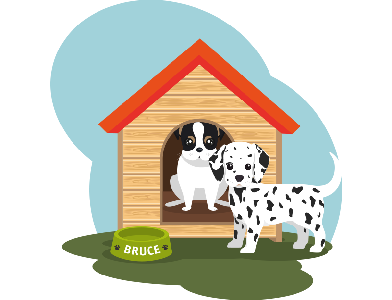 dog inside of dog house and one outside of the dog house