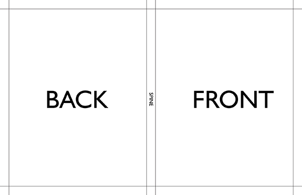 An outline of the parts of a book template, showing the front cover, the back cover, and the spine