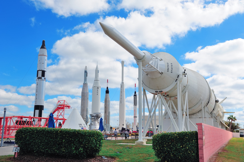 MERRITT ISLAND, FL - FEB 12: Kennedy Space Center Rocket Garden view on February 12, 2012 in Merritt Island, Florida. It is the launch site for every United States human space flight since 1968.