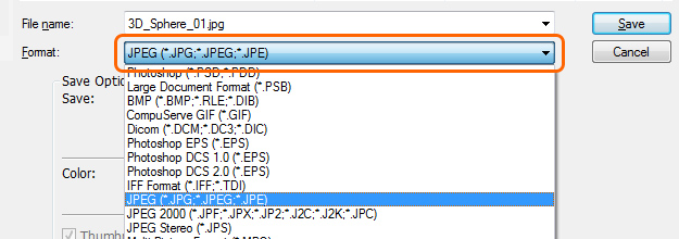 The menu for choosing a file format in Photoshop.