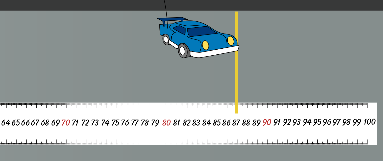 blue remote control car on sidewalk with a meter stick laid down and 87 centimeters labeled