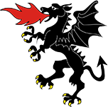 A heraldic dragon breathing fire