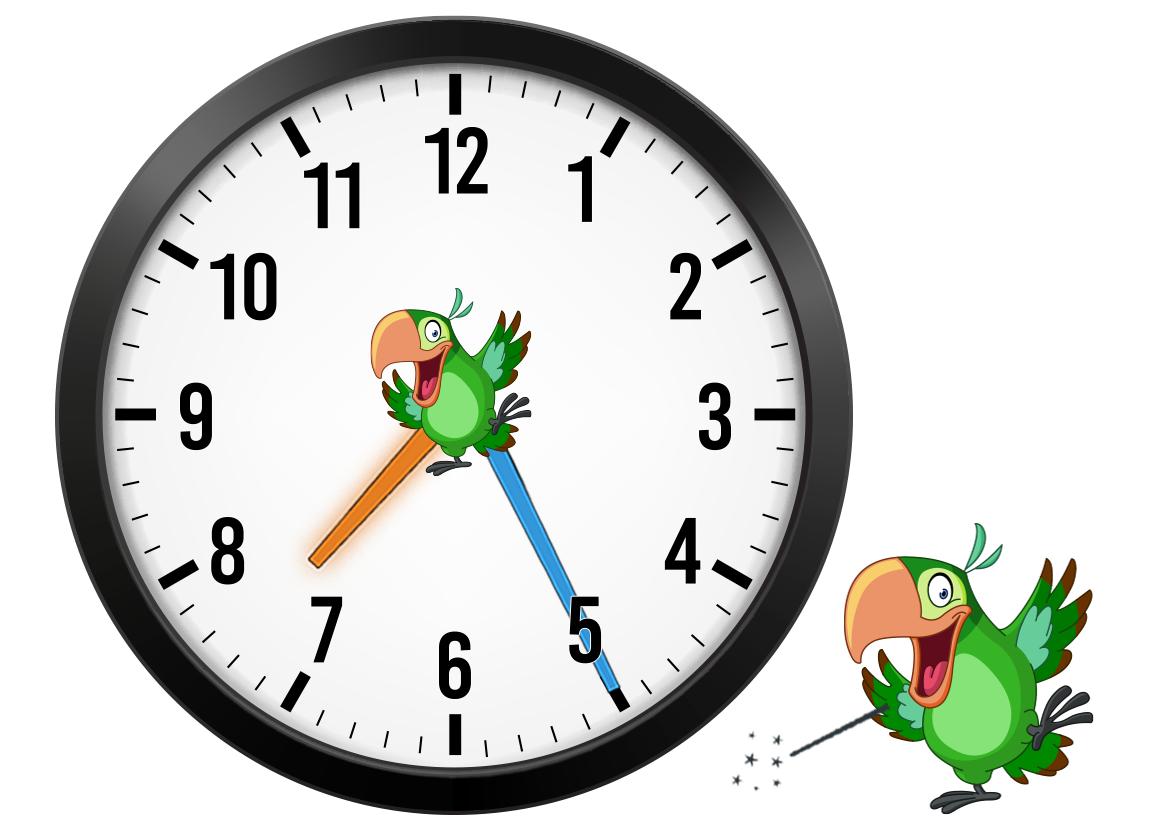 clock with hour and on 7 and minute hand on 5