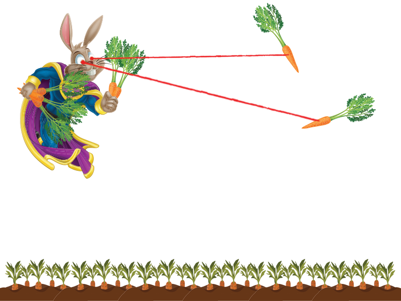 super rabbit holding 5 carrots and pulling two more out of the ground