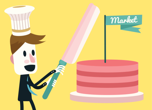 Cartoon man cutting cake.