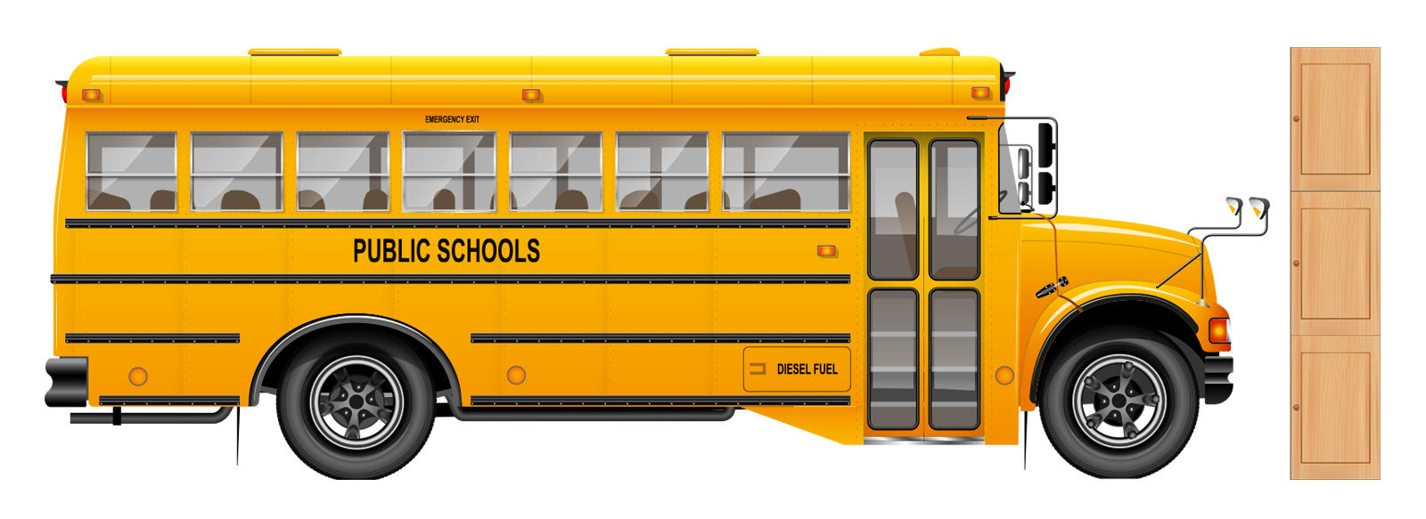 school bus next to 3 kitchen counters