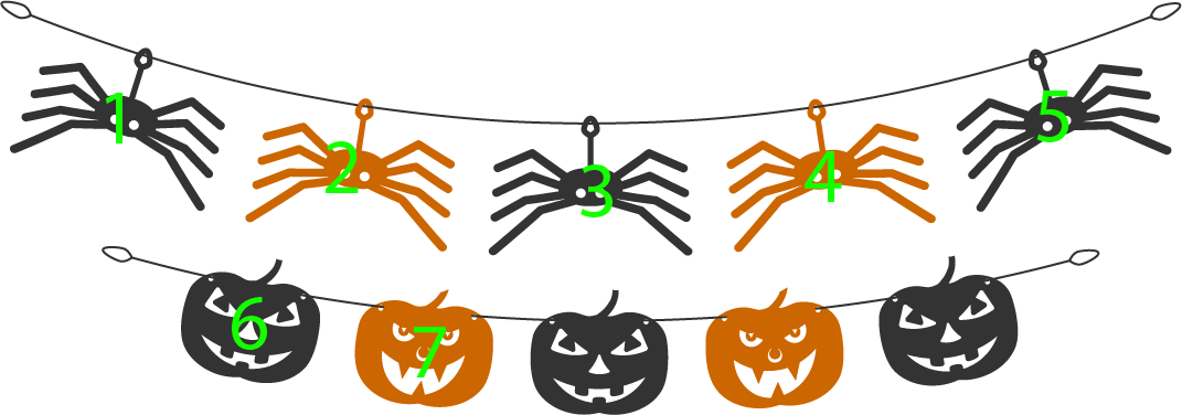 10 halloween decorations: Counting 1, 2, 3, 4, 5, 6, 7